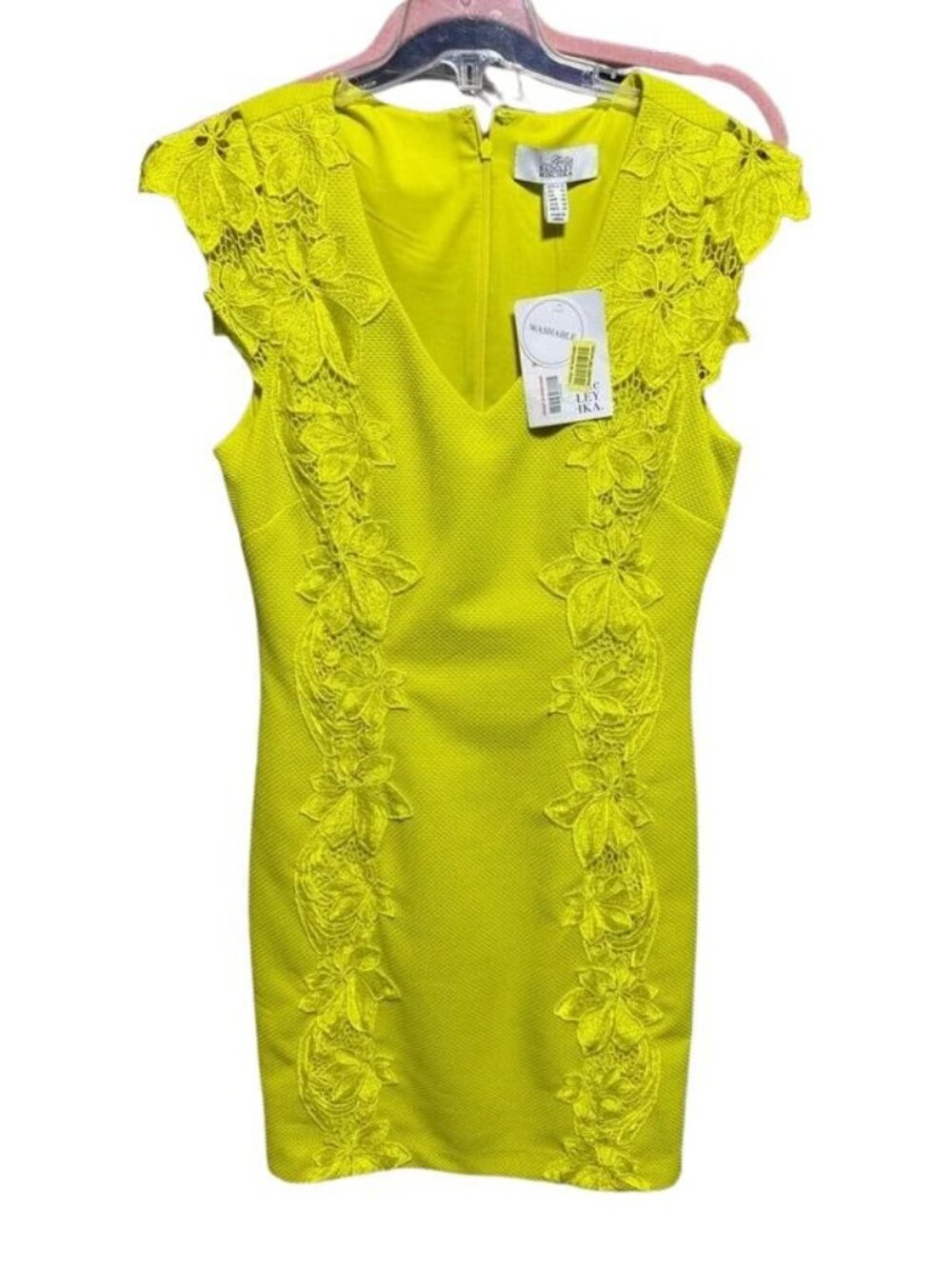 Belle Badgley Mischka Womens Bright Yellow Lace Sheath Dress Medium US 8-10